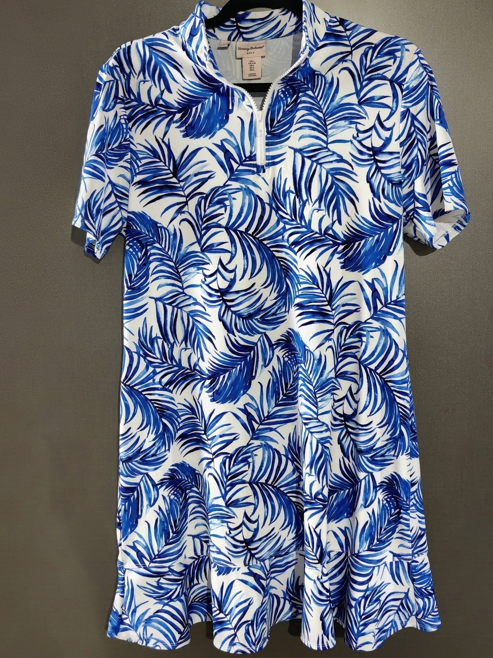 Tommy Bahama Golf Dress Womens Large Blue White Palm Leaf Zip Short Sleeve